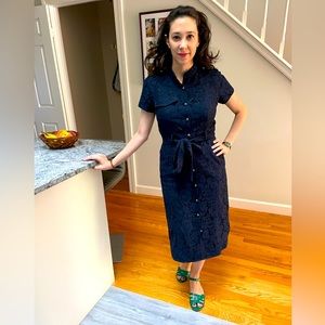 Navy blue, floral print, lace dress.